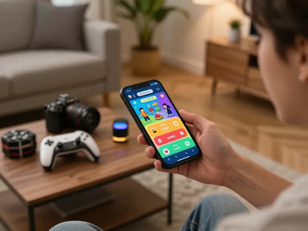 TẢI VB88 app interface on smartphone held by player in cozy home setup, engaging in online casino gaming.
