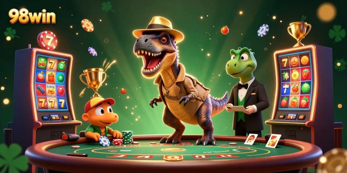 Experience thrilling gameplay at 98win with a lively 3D casino scene featuring engaging characters.