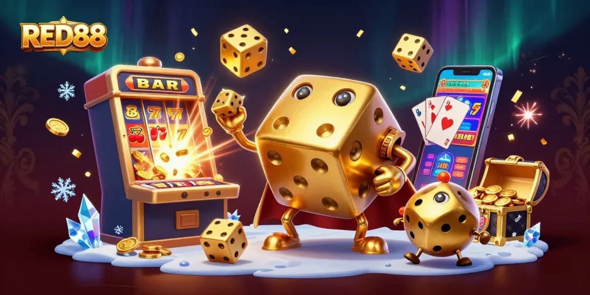 Engage in thrilling gameplay with RED88's vibrant casino experience featuring golden dice and slot machines.