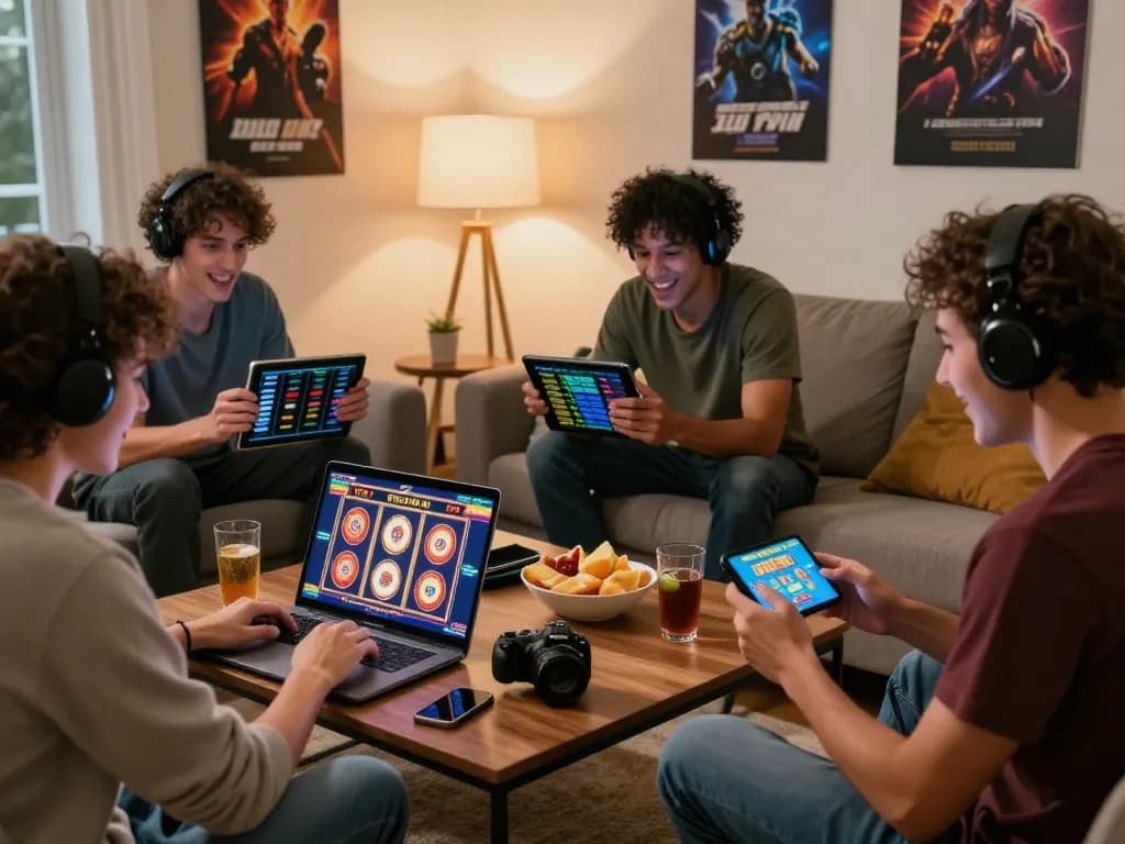 Engaged players enjoying online gambling at https://tt888.de.com in a cozy living room, showcasing diverse gaming activities and a lively atmosphere.