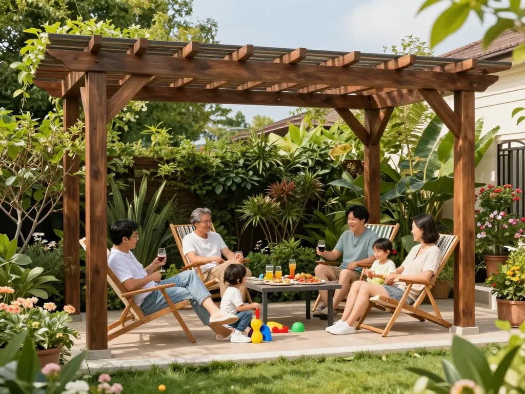 Famiglia che si gode il proprio spazio all'aperto sotto un configuratore pergole 3D con un ambiente lussureggiante e un'atmosfera vibrante.