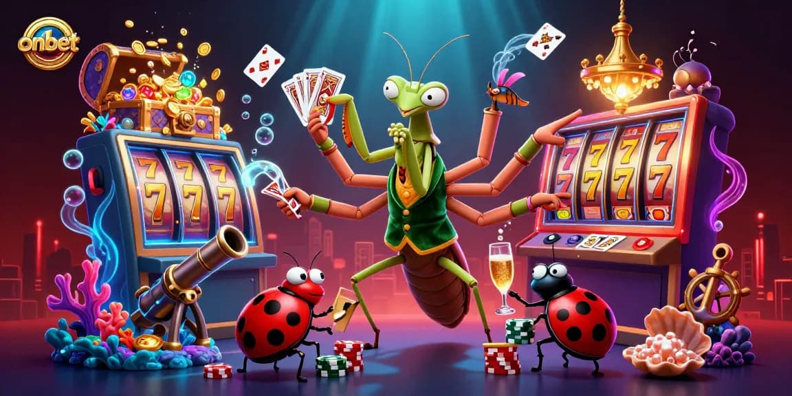 Experience thrilling slots at onbet with a vibrant 3D casino scene featuring vibrant characters and games.