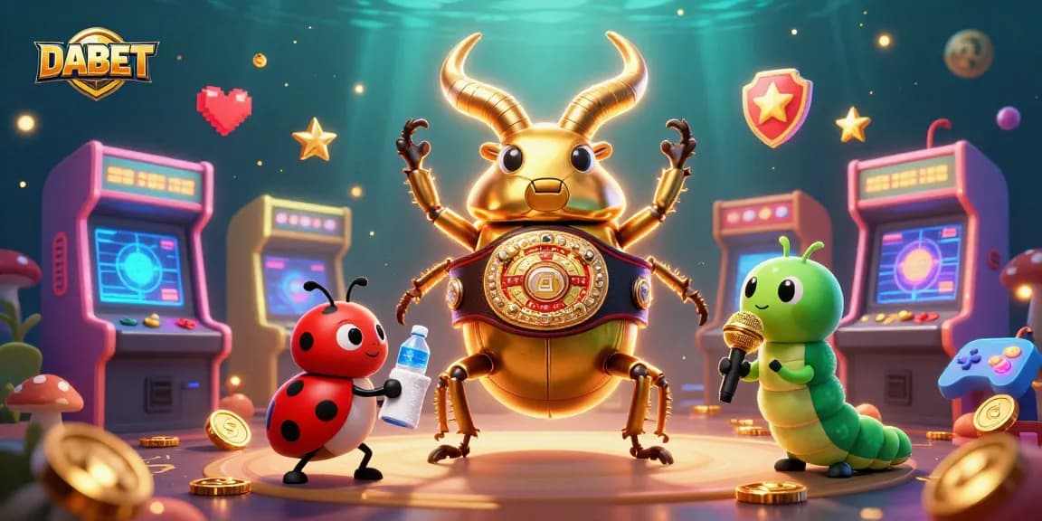 DABET showcases a golden stag beetle champion facing off amid vibrant animated casino elements.