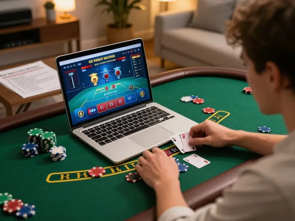 Engaging with the trang chủ lc88 live dealer blackjack game on a laptop in a cozy home setting.