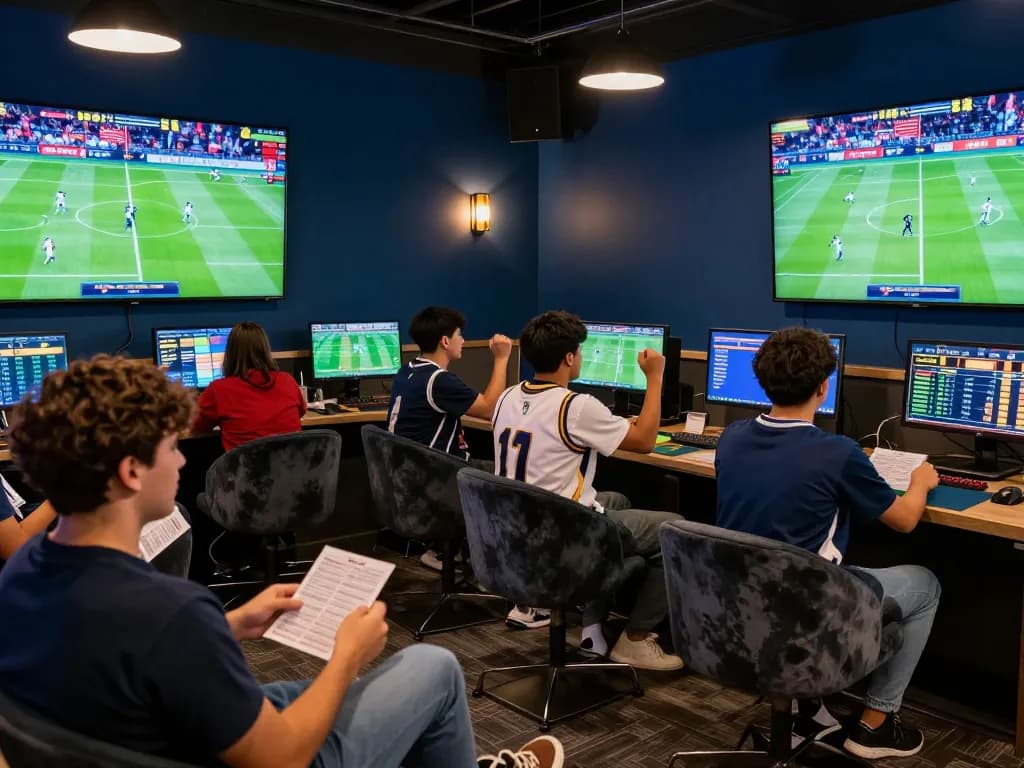 Engaged bettors analyzing stats and placing bets at the MM88 sports betting lounge.