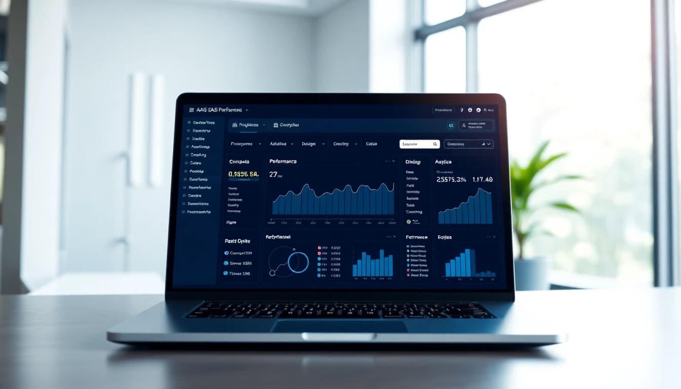 SaaS dashboard on a laptop showcasing analytics in a professional office.