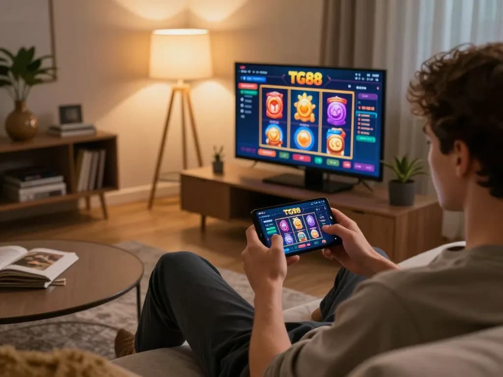 Player enjoying the TG88 casino app on smartphone in cozy home setting, showcasing online gambling experience