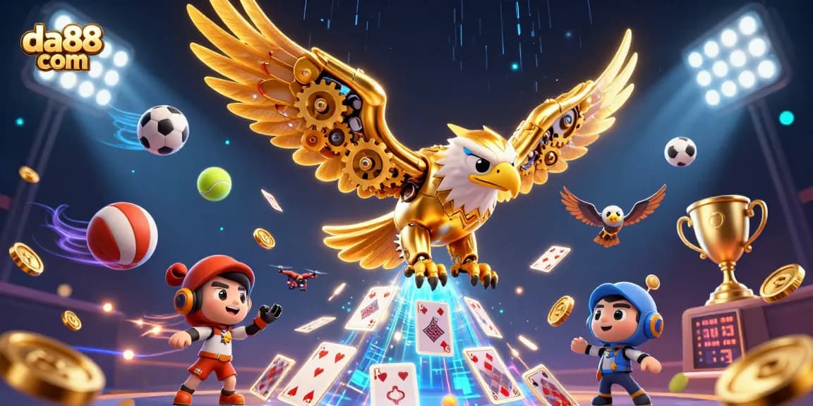 Experience thrilling action with da88 com's dynamic sports betting scene featuring a cybernetic eagle and holographic cards.