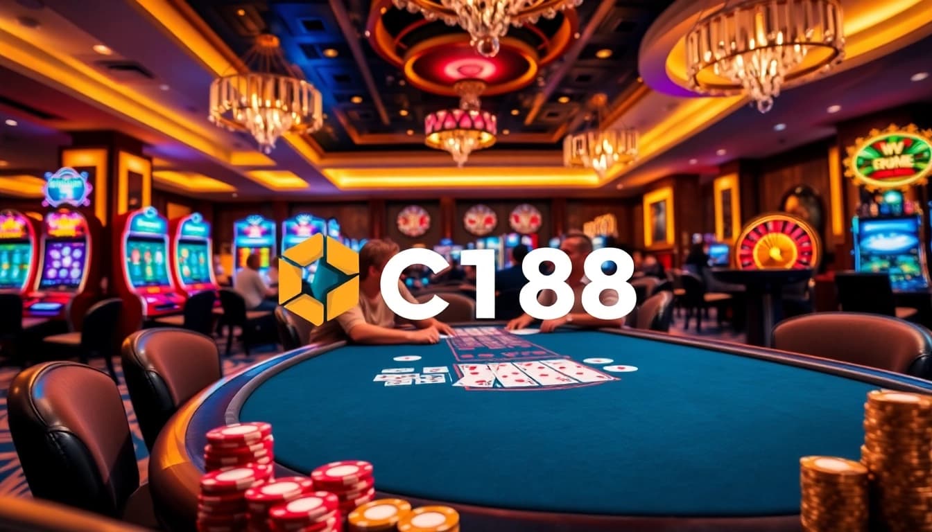 Experience the vibrant gaming atmosphere at trang chủ C168 with exciting poker tables and slot machines.