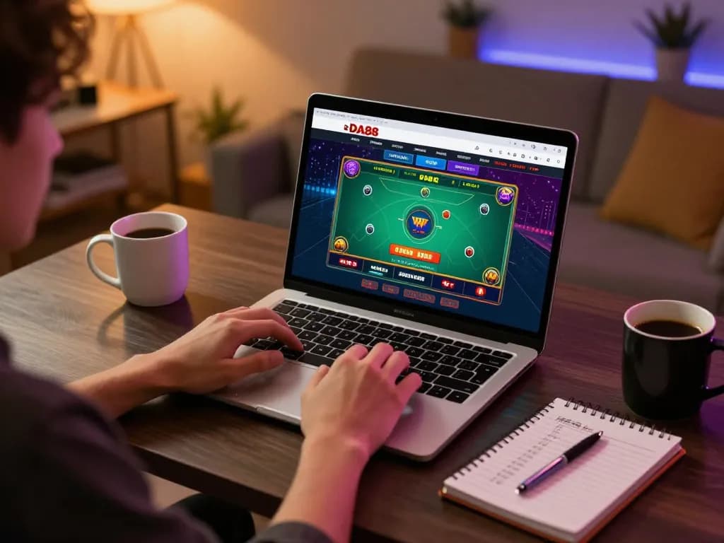 Online gaming setup utilizing the NHÀ CÁI DA88 platform for live betting, showcasing an engaging experience with laptop and personal touches.