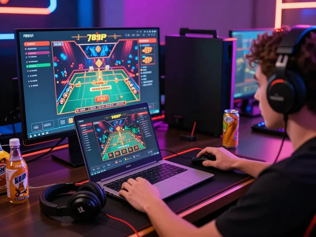 Engaged player exploring 789P's gaming platform with vibrant atmosphere and gaming setup.