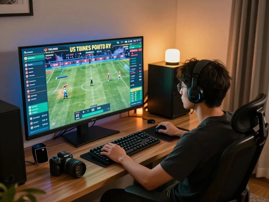 Engaged player strategizing sports bets on hm88 online platform in modern gaming setup.