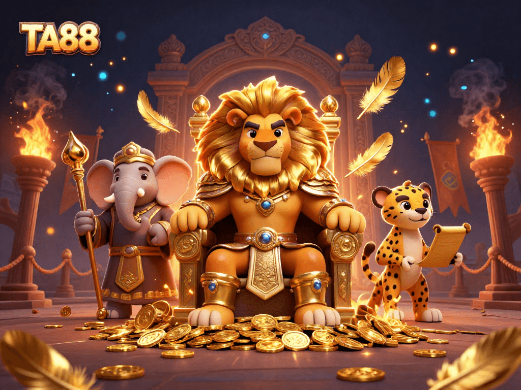 TA88 showcases a majestic lion king with a golden throne surrounded by gambling elements and advisors.