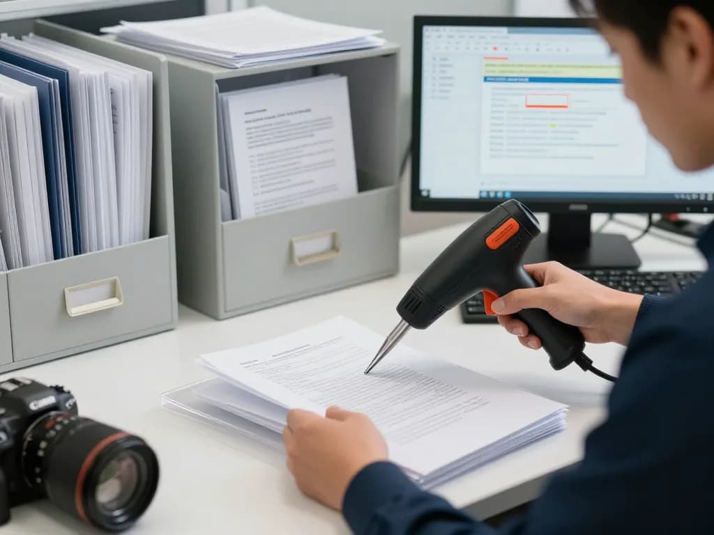 Cách tháo giấy ép nhựa by a professional technician ensuring no damage to important documents in a modern office.