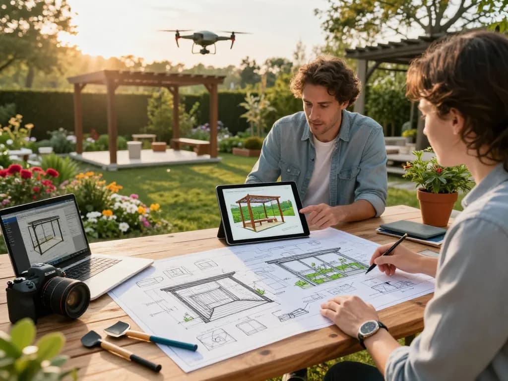 Landscape architect using a software configuratore pergole to design custom pergola in a vibrant outdoor garden.