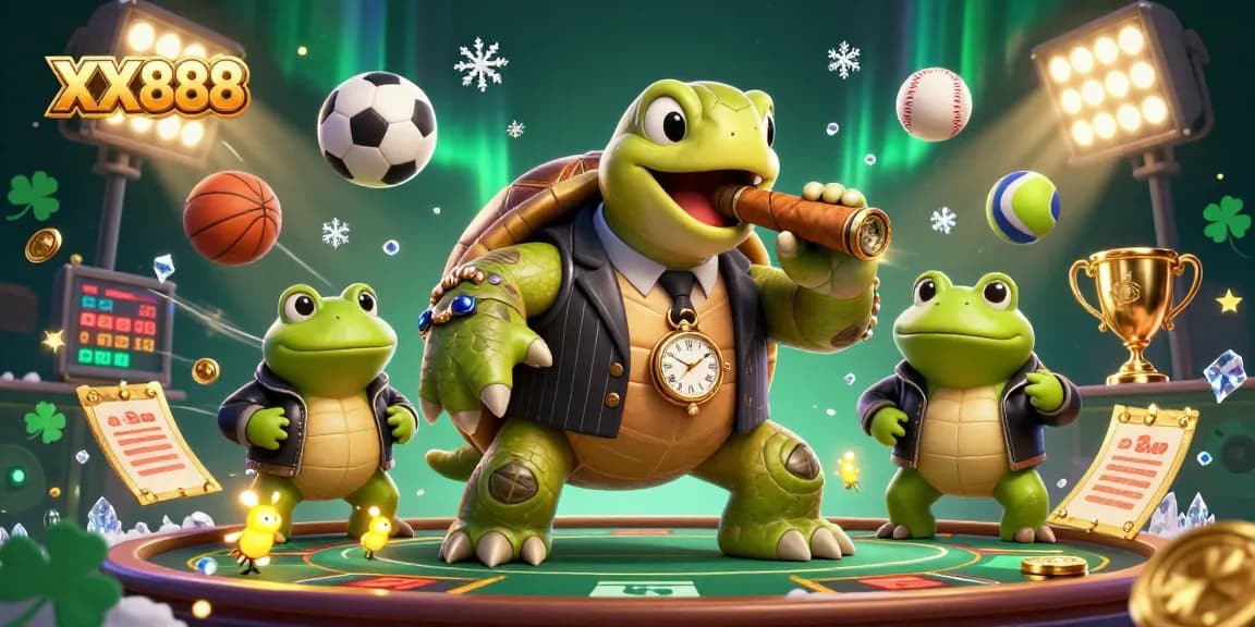 Engage with XX888's vibrant casino ambiance featuring a turtle mobster and froggy enforcers.