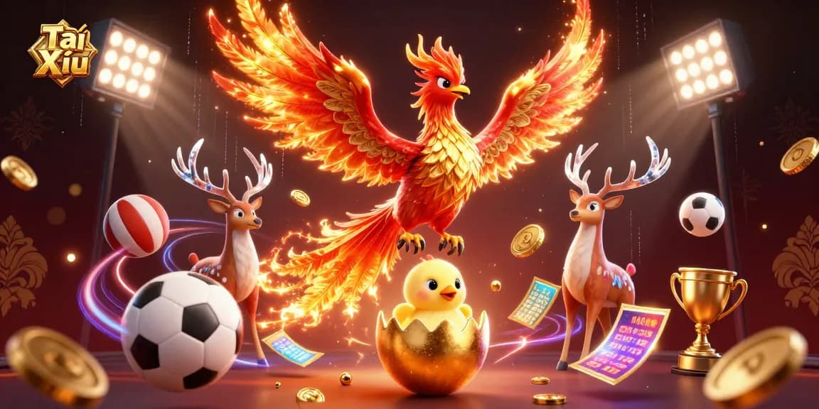 Tài Xỉu gameplay shines with vibrant elements, featuring a phoenix, baby chick, and stag among sports icons.