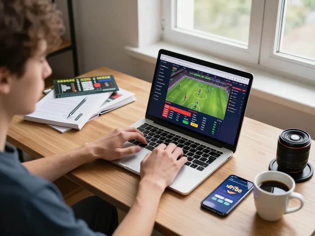 Player using net88 app on laptop for sports betting in a cozy home office