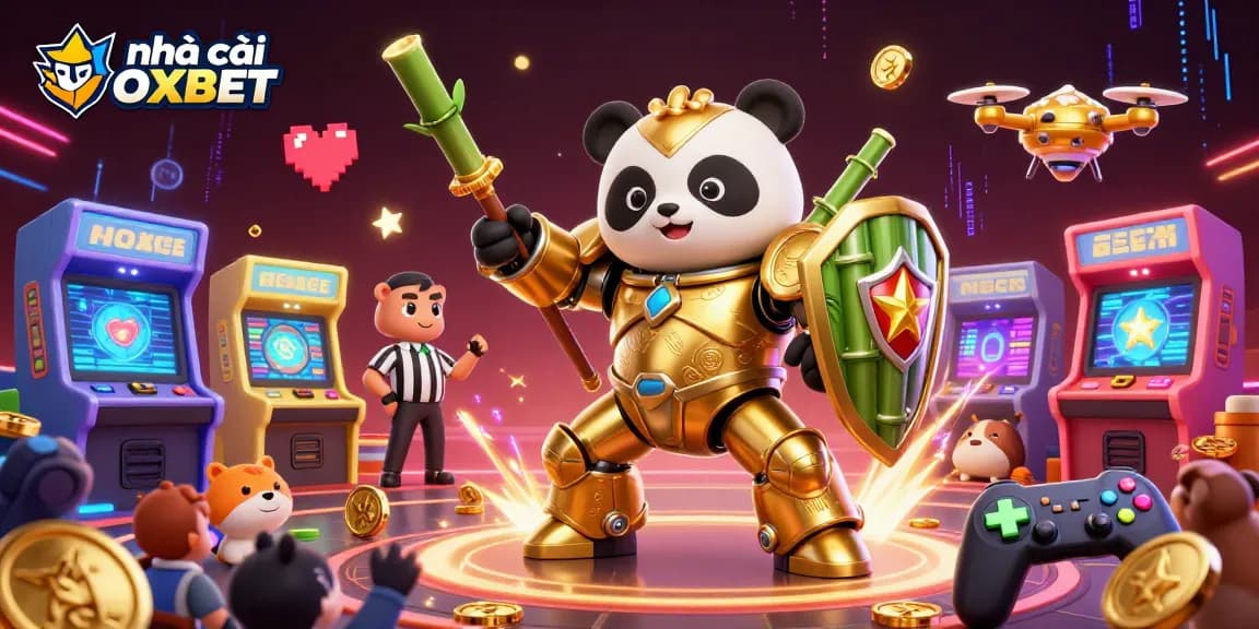 Engage in thrilling play at nhà cái OXBET with vibrant 3D animated elements highlighting arcade and casino gaming.