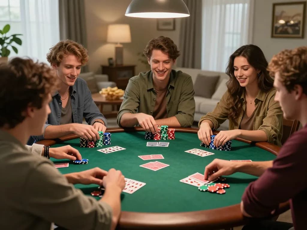 Friends enjoying poker night at home, highlighting 33win gaming strategies and thrilling gameplay.