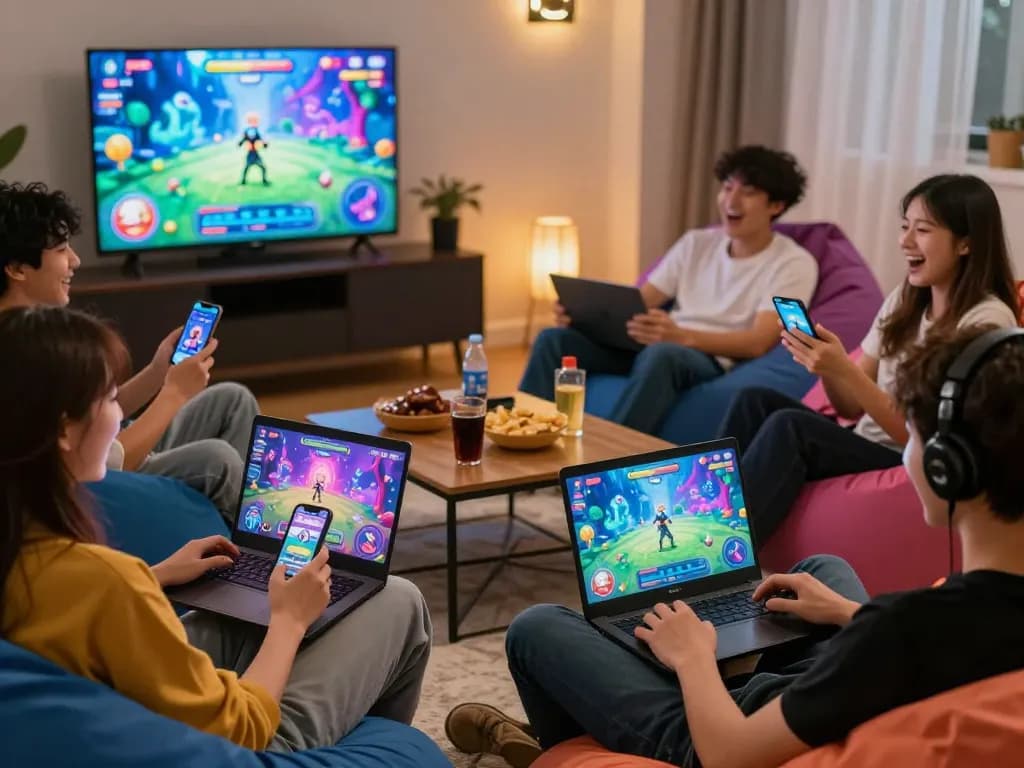 Engaging scene of friends playing mind control porn games together on various devices, showcasing vibrant graphics and social interaction.