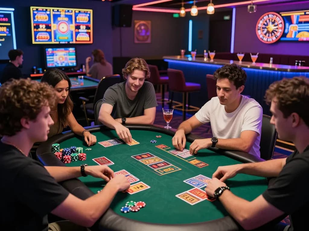 Engaging online gaming scene at https://go999.de.com featuring friends enjoying card games with vibrant digital displays.