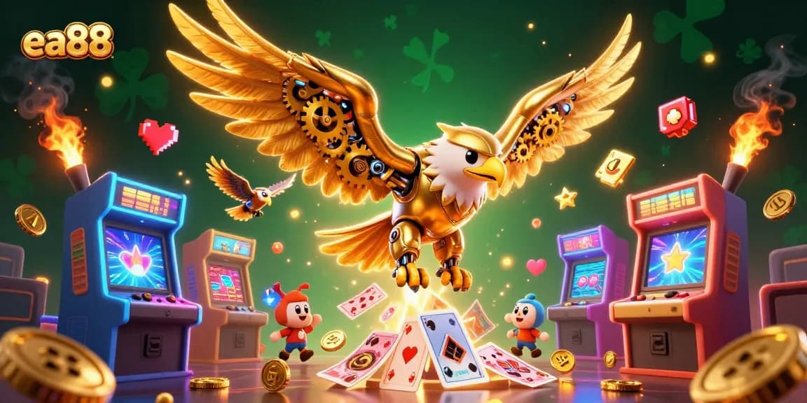 Experience the thrill of ea88 with a cybernetic golden eagle amidst vibrant casino elements.