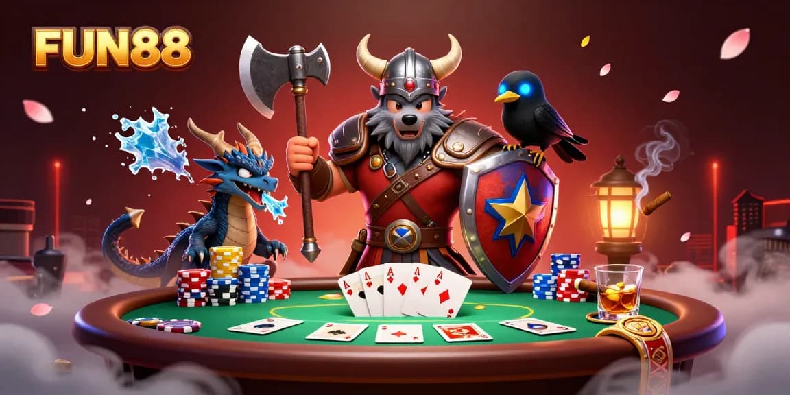 Engage in thrilling casino action with FUN88 featuring poker strategies and vibrant characters.