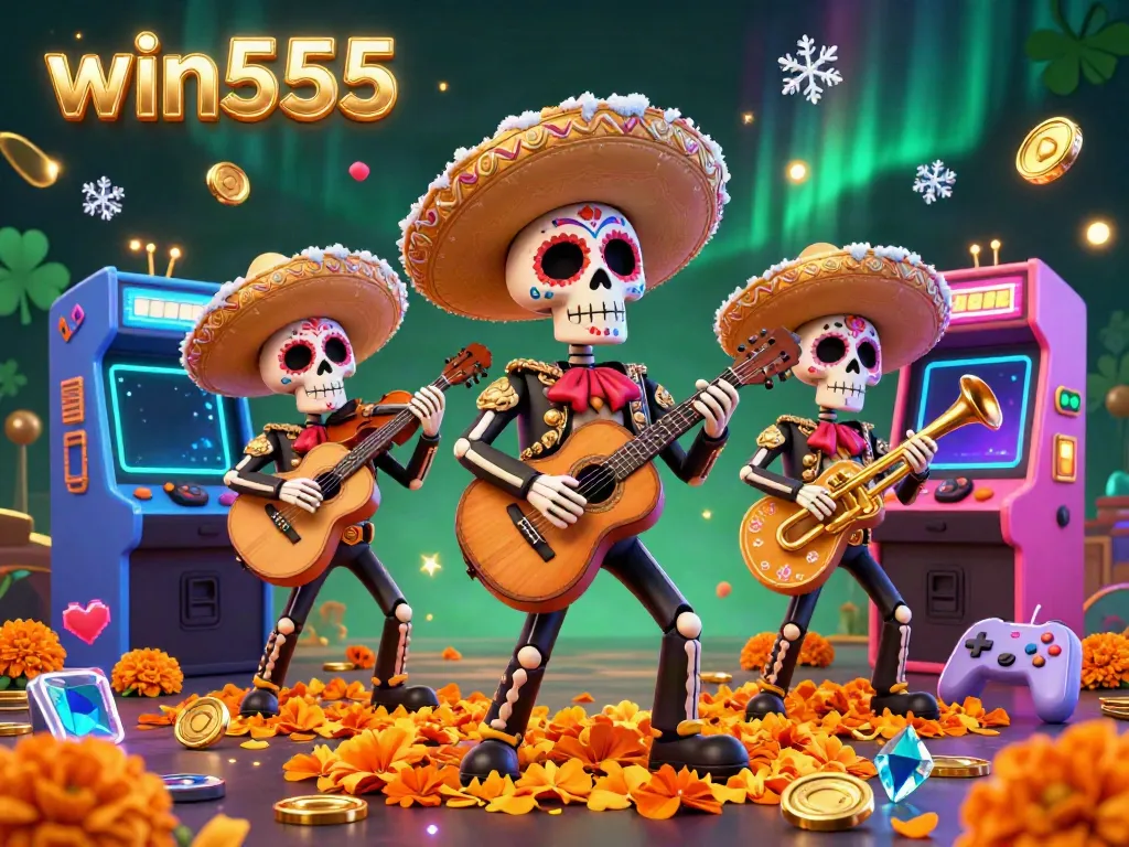 Enjoy thrilling slot action in win555’s vibrant casino scene with 3D skeleton mariachi characters.