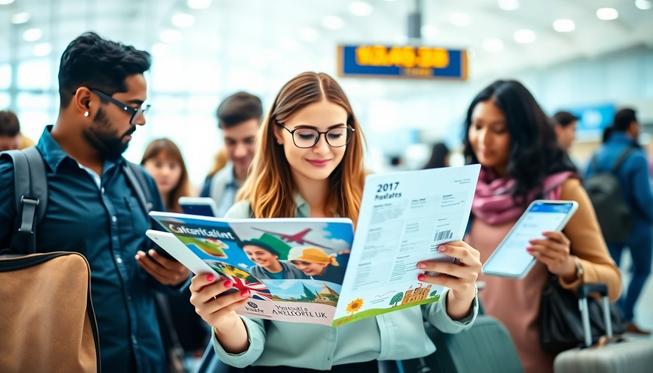 Filling out an eta application uk in a bustling airport setting, showcasing diverse travelers.