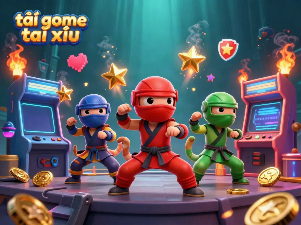 Play tải game tài xỉu with energetic ninjas showcasing dynamic skills amid colorful arcade gaming elements.