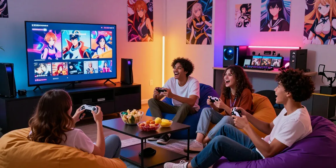 Group of friends playing free hentai games together in a colorful gaming room.