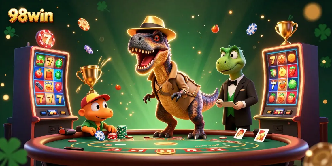 Experience thrilling gameplay at 98win with a lively 3D casino scene featuring engaging characters.