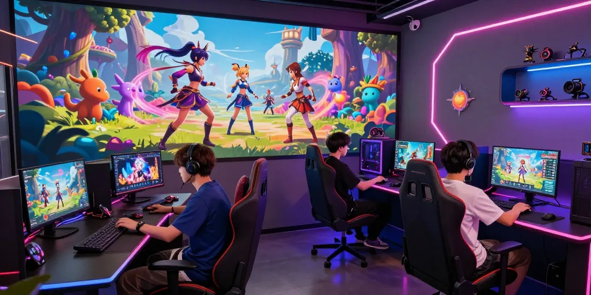 Two gamers interacting with characters in a vibrant hentai game setting, showcasing fantasy elements and gaming technology.