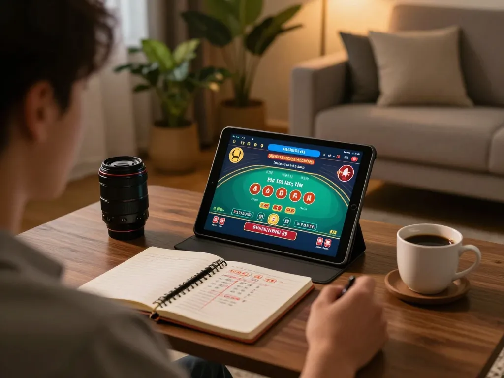 Player enjoying baccarat on 789Club tablet in cozy home environment.