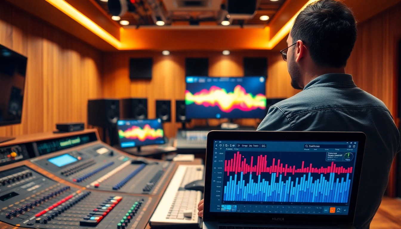 Engaging scene of online audio mastering with a professional audio engineer in a high-tech studio.