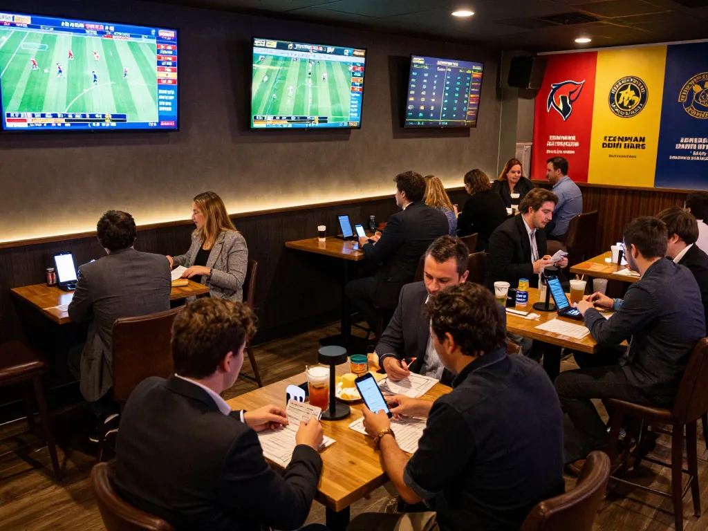 Patrons strategizing sports bets at a bustling venue while utilizing sc88 betting apps for real-time insights.