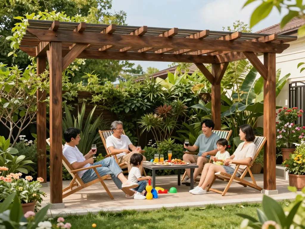 Famiglia che si gode il proprio spazio all'aperto sotto un configuratore pergole 3D con un ambiente lussureggiante e un'atmosfera vibrante.