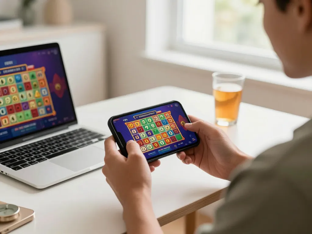 Engaged player enjoying a mobile game of 9 Lotto 4D in a cozy home setting