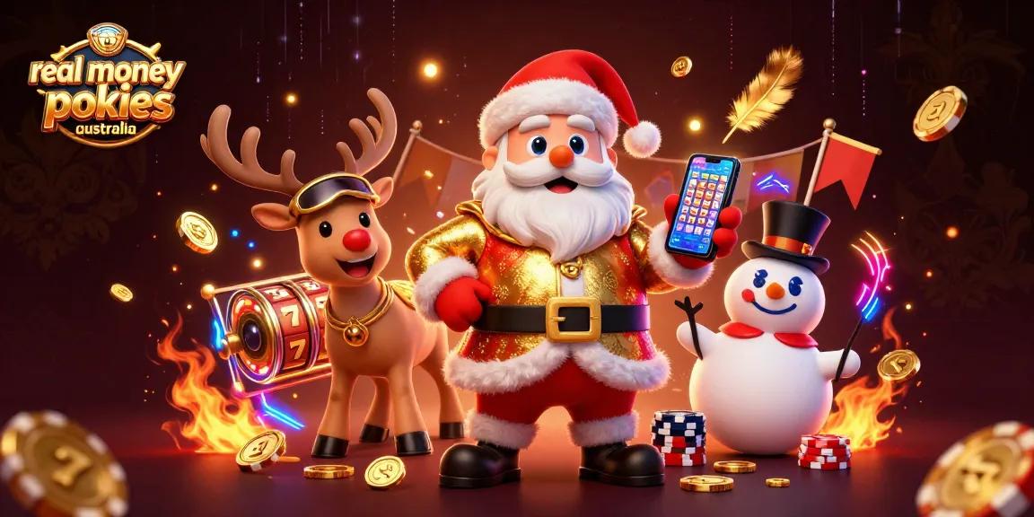 Win big with real money pokies Australia in a festive casino scene featuring Santa and friends.