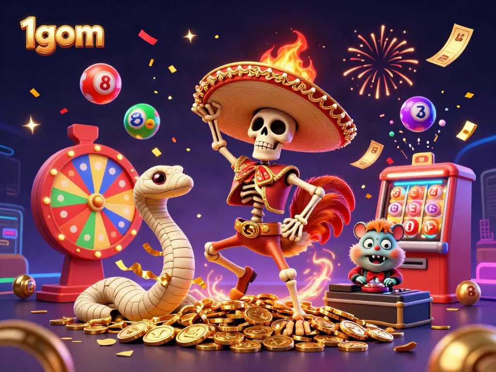 1gom offers a dynamic, vibrant 3D scene featuring a mariachi rooster dancing on coins, illustrating exciting betting activities.