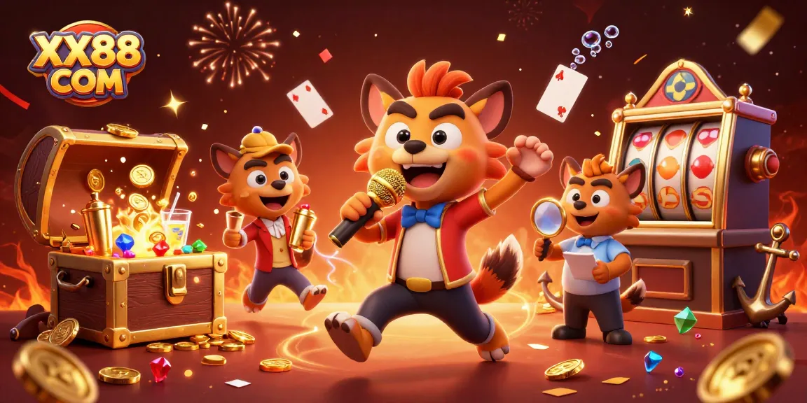 Experience the fun at XX88 COM with lively hyenas in a casino scene, engaging in games and jokes.