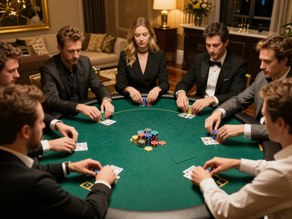 Kuwin VIP players strategizing their poker hands in an upscale home setting.
