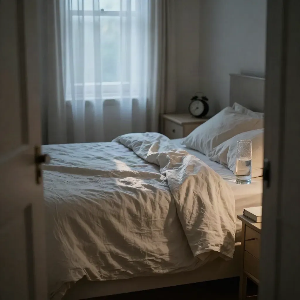 Camera da letto calma all’alba, lenzuola di lino, caraffa d’acqua e libro sul comodino.
