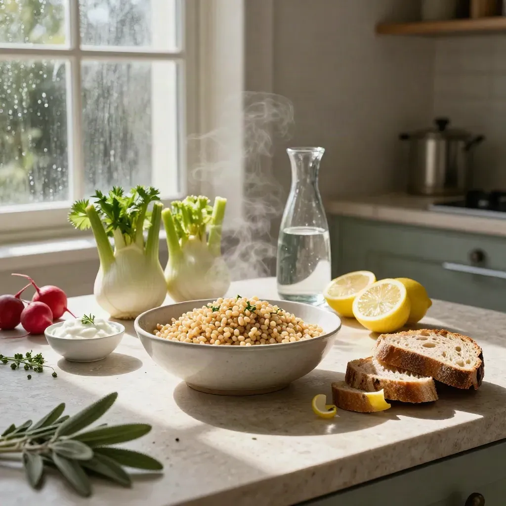 Tavolo di cucina in pietra con farro, finocchi, ravanelli, limoni, pane e acqua dopo un temporale.