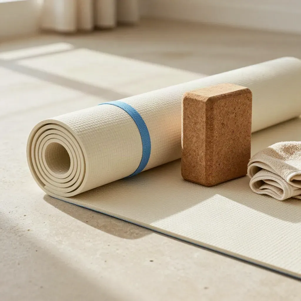Tappetino yoga, fascia elastica, blocco in sughero e asciugamano su pavimento chiaro.