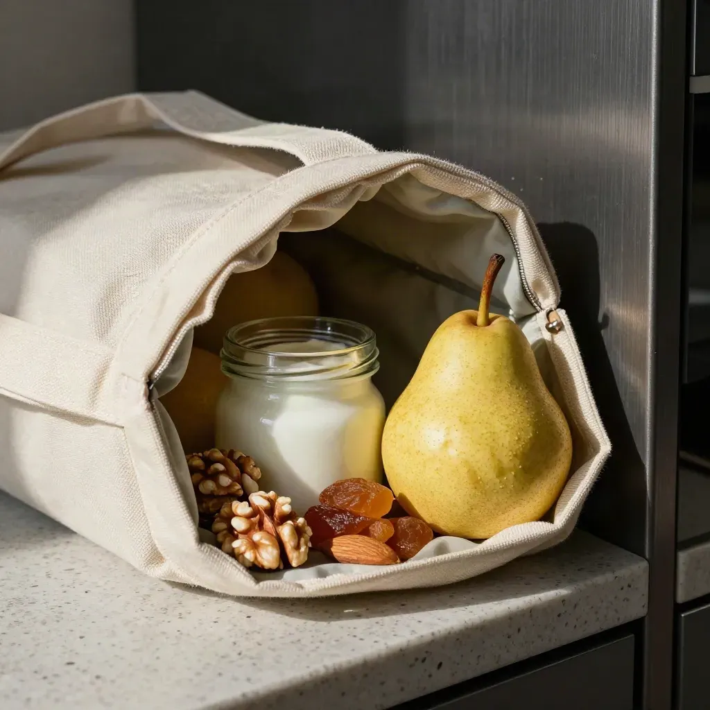 Borsa aperta con snack sani: frutta secca, pera, yogurt compatto e vasetto in vetro.