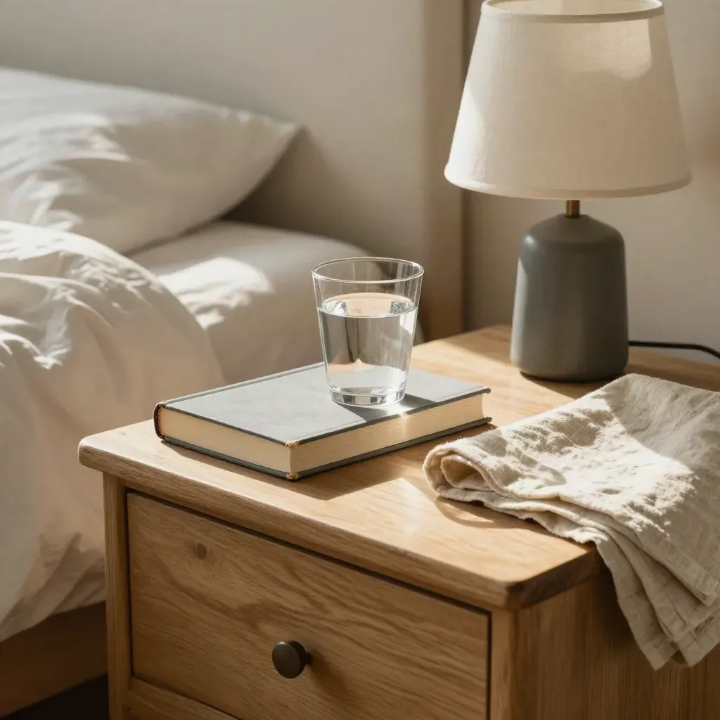 Comodino serale con libro chiuso, bicchiere d’acqua, lampada piccola e lenzuolo di lino