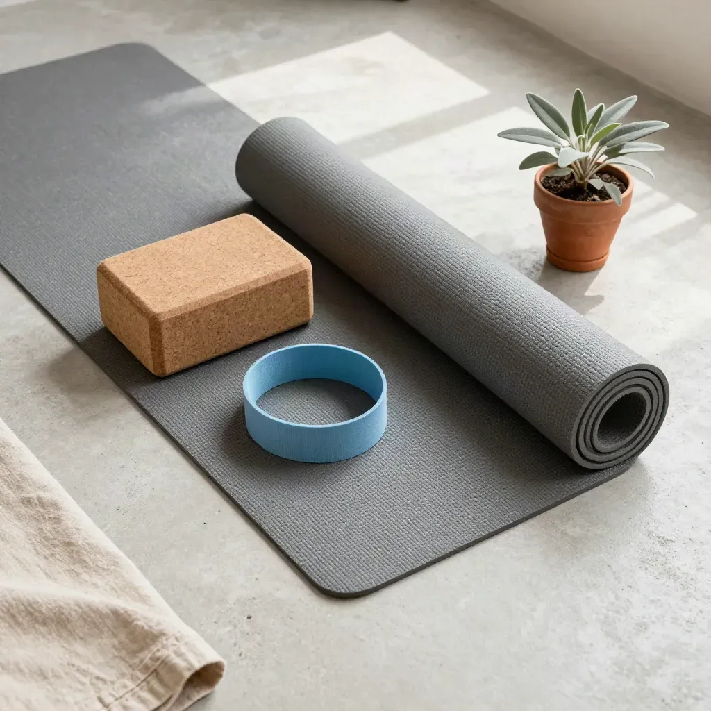 Tappetino yoga arrotolato, blocco in sughero, fascia azzurra e pianta in terracotta, vista dall’alto.