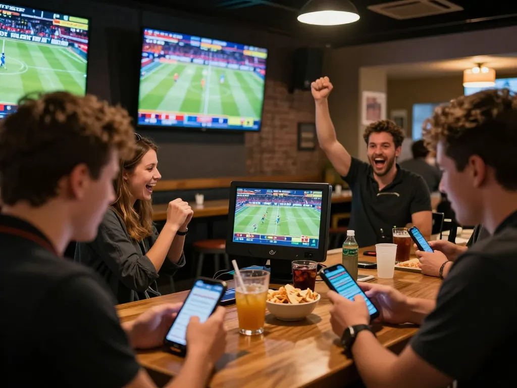 Players engaging in exciting sports betting at Oxbet, celebrating a winning bet in a vibrant sports bar atmosphere.